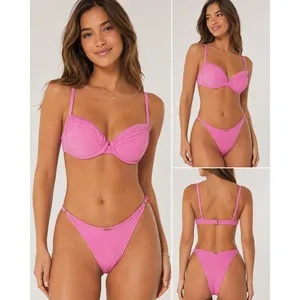 Hollister Bikini Set Womens M/S Pink Ribbed Underwire High Cut Swim 36B thumbnail 2
