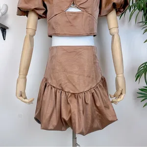 Elliatt Doris BrownPuff Sleeve Keyhole Crop Top & Mini Skirt Two Piece Set Small thumbnail 4