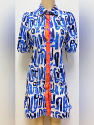 Abstract Blue Print Midi Dress with Pink Trim thumbnail 3