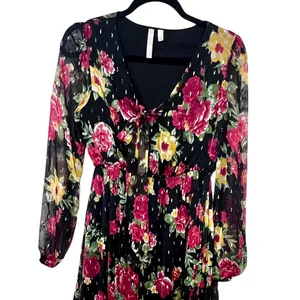 1775 Floral Maxi Dress Small Metallic Dot Long Sleeve Boho Cottagecore thumbnail 5