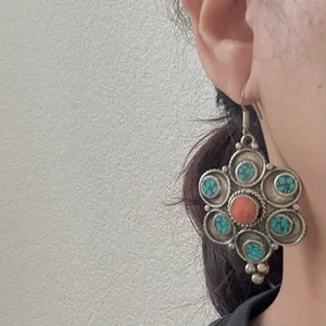 Vintage Silver-tone Turquoise & Coral Tibetan Style Flower Dangle Earrings 22g. thumbnail 3