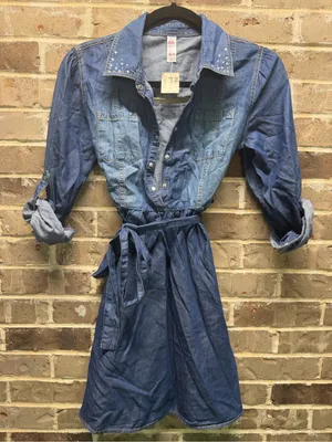Justice Blue Denim Jean Dress Belted Studded Rhinestone Collar thumbnail 1