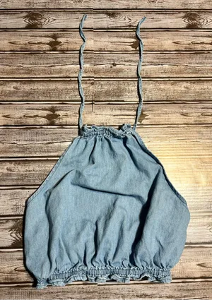 Pull&Bear Light Blue Denim Smocked Crop Top thumbnail 1