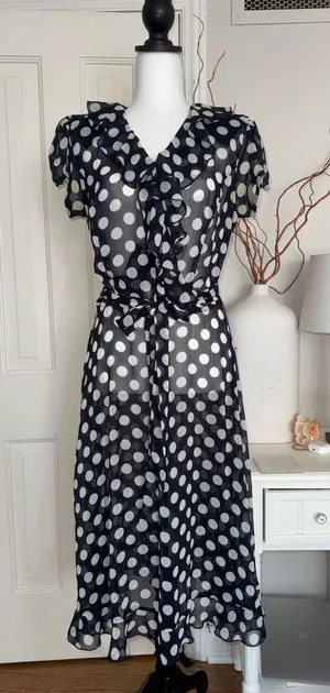 MSK Navy Blue Sheer Polka Dots Midi Dress Size 12 thumbnail 1