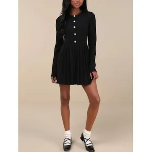 Lulus Black Ribbed Knit Button Front Pleated Skirt‎ Dress Size M thumbnail 6