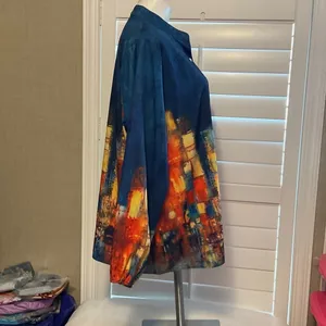 Women's Abstract Button Down Shirt - Blue and Orange thumbnail 2