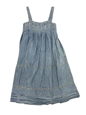 Free People Pretty in Pleats Indigo Blue Denim Raw Hem Midi Dress Medium $148 thumbnail 6