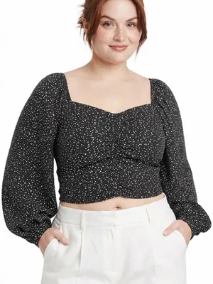 A New Day Black Polka Dot Ruched Balloon Sleeve Crop Blouse Women’s Size XL thumbnail 1