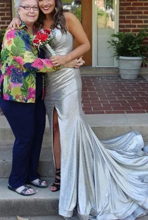 Jovani Silver/Goldish Dress with long, beautiful train thumbnail 1