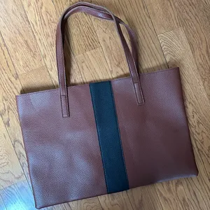 Vince Camuto Brown Leather Tote Bag with Black Stripe thumbnail 1