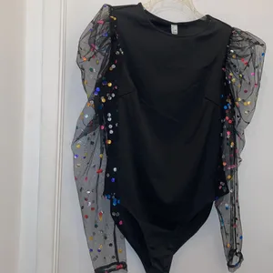 - New puff sleeves statement top sheer sleeves polka dot print bodysuit L thumbnail 5