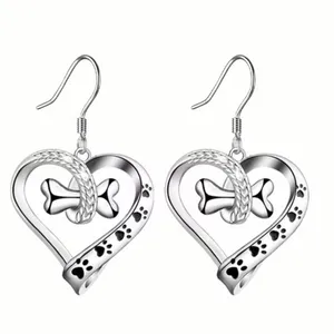 Adorable Canine with a Bone, Heart-Shaped Pendant Earrings thumbnail 1