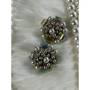 Vintage Japan Faux Pearl Double‎ Strand Necklace and AB Crystal Clip On Earrings thumbnail 3