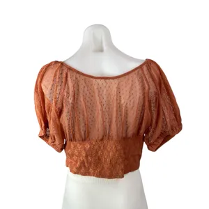 Free People Heartstrings Summer Orange Floral Puff Sleeve Crop Blouse Top Size M thumbnail 2