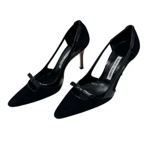 Manolo Blahnik Black Suede Patent D’Orsay Pumps Bow Detail Women’s EU 38.5 thumbnail 5
