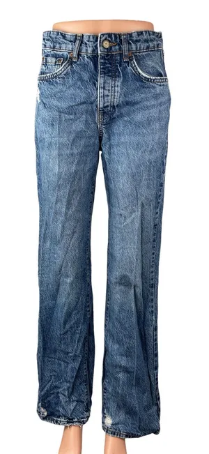 Zara Women's Blue Distressed Hem High Rise Loose Straight Denim Jeans Pants Sz 4 thumbnail 1