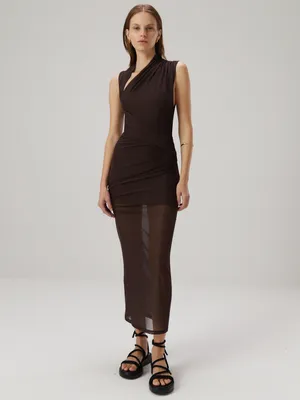 MISHA COLLECTION Tillie Asymmetric Mesh Midi Dress Umber Brown thumbnail 4