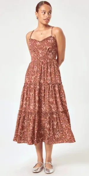 Trixxi Women Forest Fairy Maxi Dress Large Brown Floral Babydoll Cottagecore Boh thumbnail 1