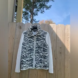 Lisa‎ International Cream Spots Faux Fur Suede Sweater Jacket Sz small zebra thumbnail 3