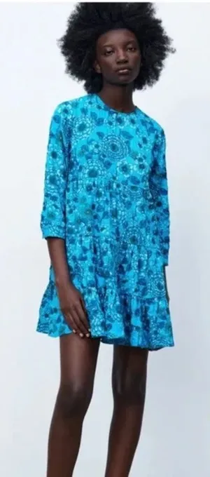 Zara Blue Floral Flounce Dress Tiered Mini Summer Resort Casual Short Size XS thumbnail 1