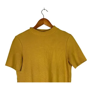 Zara Crop Ribbed Short Sleeve Mock Neck Raw Hem Crop Knit Top M Mustard Yellow thumbnail 3