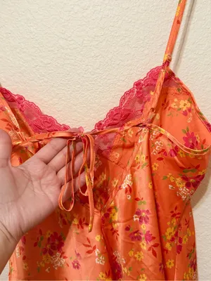 Victoria's Secret Vintage 2001 satin nightie, orange floral print, sz M thumbnail 10