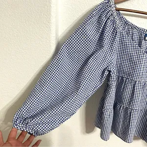 Old Navy Womens Shirt Blouse Blue White Gingham Plaid Seersucker Size Medium thumbnail 6