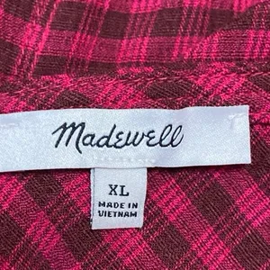 Madewell Red Long Sleeve Plaid Crinkle V Neck Tie Peplum Blouse Top Size XL thumbnail 3
