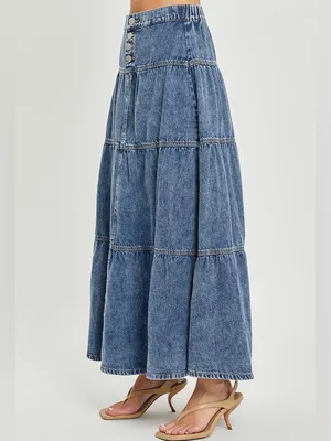 108- Risen High Rise Tiered Denim Ruffle Maxi Skirt Size XL thumbnail 3