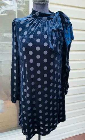Calvin Klein Navy Velvet Polka Dot Tie-Neck Long Sleeve Dress🥀 thumbnail 1