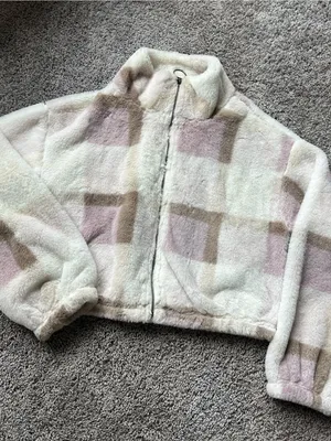 Timing Plush Zip-Up Jacket in Cream, Blush & Tan Plaid thumbnail 2
