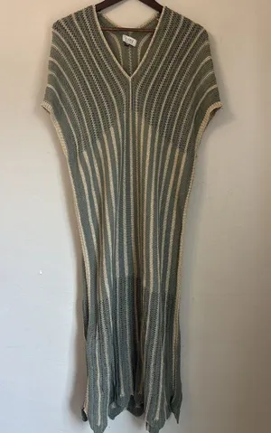 Floris Made in Italy Open Knit Striped Metallic Cover Up Midi Dress Green S/M thumbnail 1