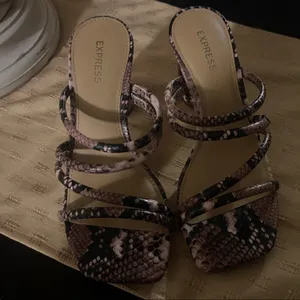 Express Snake-Print Strappy Heeled Sandals in Brown and Black thumbnail 5