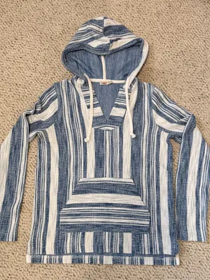 Faherty Islet Striped Poncho XS Blue Cream Hooded Coastal Baja Pullover‎ Sweater thumbnail 3