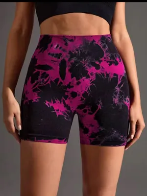 Seamless High-Waist Tie-Dye Bike yoga Shorts - Black & Magenta scrunch butt thumbnail 5