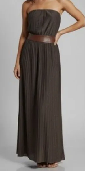 Dress the Population TUBE Metallic Brown Pleated Maxi Dress Wide Belt Sz M C-27 thumbnail 1