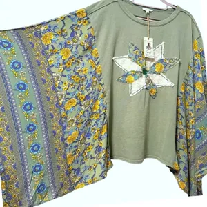 Easel Top Green Floral Patchwork Star‎ Boho Dolman Sleeve Womens Small thumbnail 4