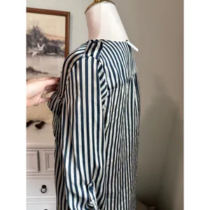 Love Culture coastal nautical Striped Satin Blouse Navy Cream Roll Tab Sleeve Button Up thumbnail 6