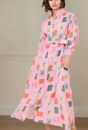 Women's Linen Blend Pink Printed Maxi Dress with Belt Resort Wear Aesthetic thumbnail 1