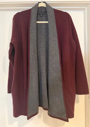 Ann Taylor Reversible Open-Front Cardigan in Burgundy and Gray thumbnail 1