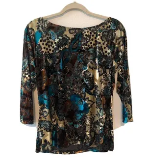 Cache Womens Size Large Multicolor Floral Velvet Embellished Stretch Blouse thumbnail 3