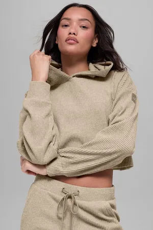 Alo Yoga Women’s Muse Cropped Ribbed Hoodie in Gravel Heather Tan Size S thumbnail 1