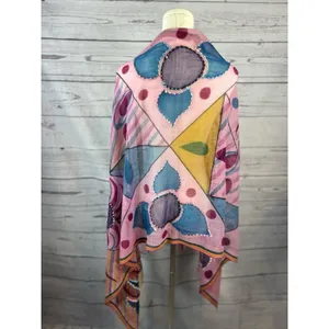 Boho Abstract Floral Scarf Pink Colorful Pattern Fringe Border Oversized Wrap thumbnail 3