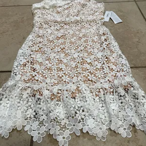 Donna Morgan White Floral Crochet Tan Lined One Shoulder Ruffle Mini Dress Sz 8 thumbnail 3