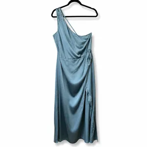 NEW Lulus Signature Elegance Slate Blue Satin One-Shoulder Pleated Maxi Dress 1X thumbnail 8