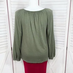 Loft Slub Jersey Knit Scoop Neck‎ Peasant Tee Shirt Olive Green Large thumbnail 4