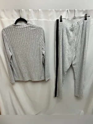 Womens Ribbed Lounge Set Gray Top Pants Side Stripe Soft Stretch Cozy 1XL thumbnail 2