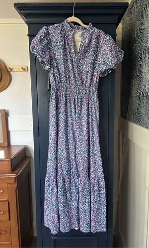 NEW Puff Short Sleeve Smocked Ruffle Flowy Midi Floral Dress S thumbnail 1