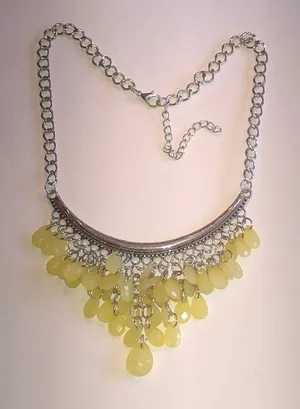 Yellow Teardrop Fringe Silver Tone Statement Necklace thumbnail 1