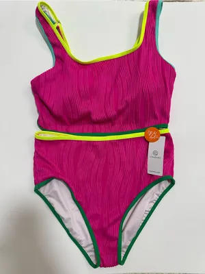 Charmo 2-Piece Tankini Set - Pink Ribbed with Neon Trim - Size M - UPF 50+ thumbnail 1